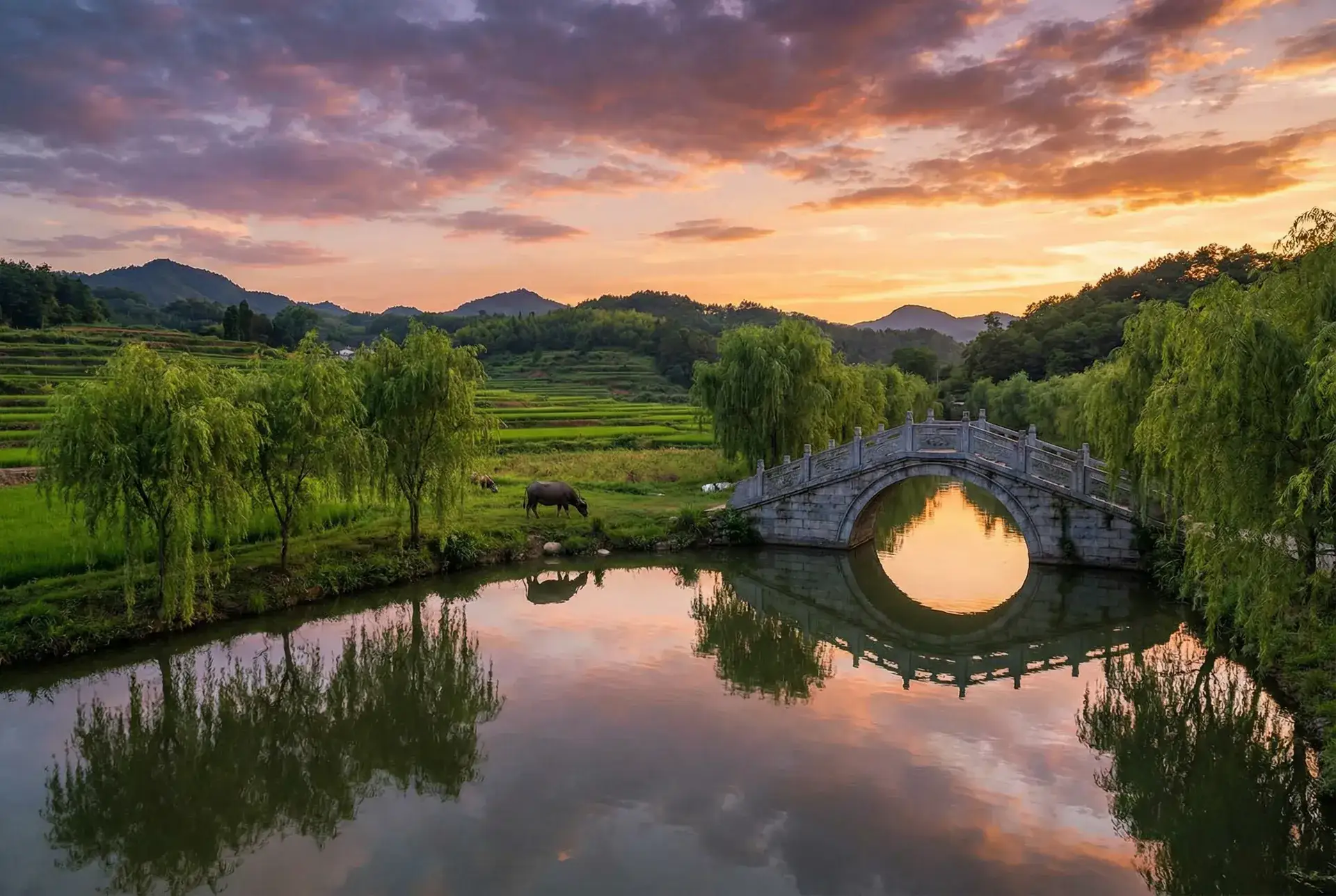 夕阳下的石拱桥与垂柳，水牛在河边吃草 - 热女郎 乡村美景